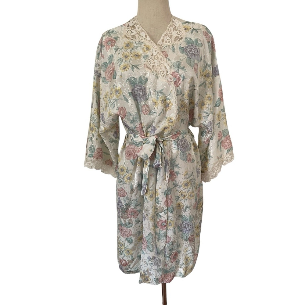 Vtg 80s‎ Floral Satin Robe M Lace Pastel Kimono Cottagecore Coquette Romantic
